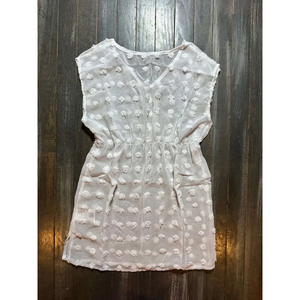 White Swiss Dot Pom Pom Beach Cover Up Tunic Dress Kids V-Neck